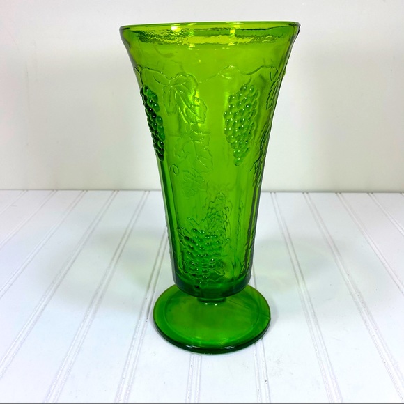 Indiana green glass grape motif footed vase - Picture 1 of 6